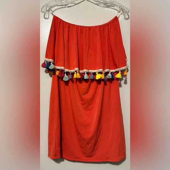 Judith March Dresses & Skirts - Judith March Mandarin Orange Pom Pom Off Shoulder Dress Colorful - Size Medium